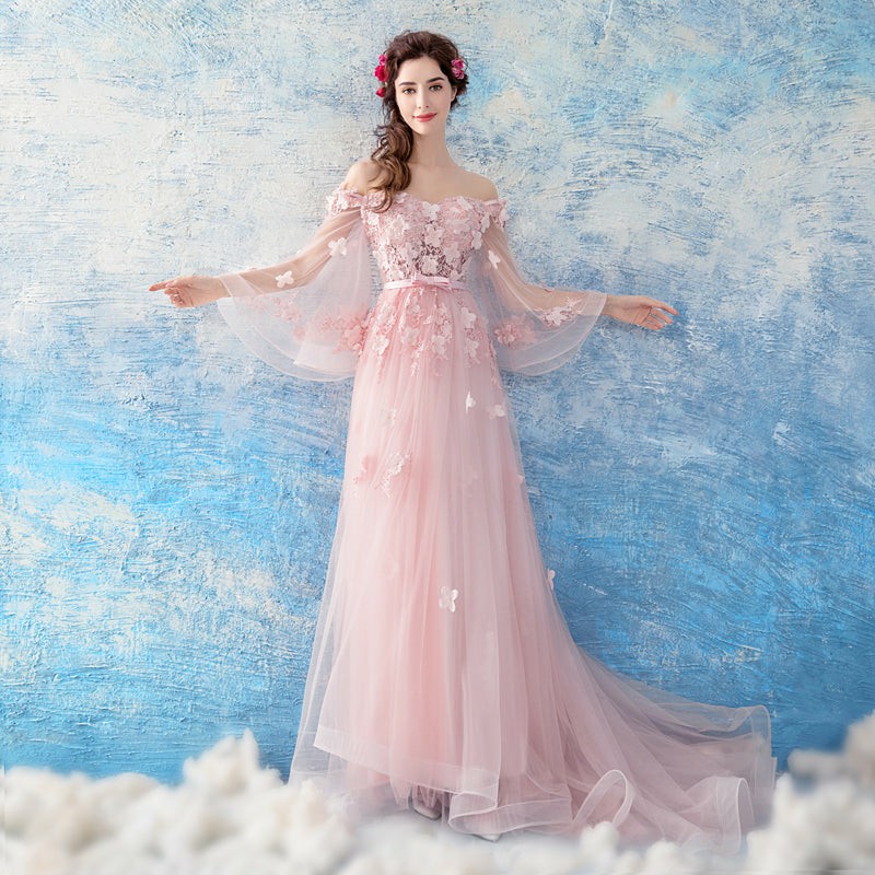 Pink Flowers and Tulle Long Puffy Sleeves Prom Dresses, Pink Long Party Dresses Evening Dresses